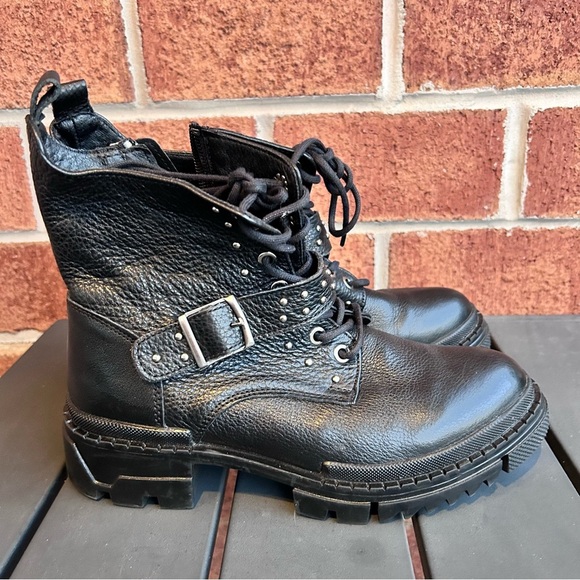 Fabian Arenas Black Leather Moto Boots Size 8 — Studded Buckle Combat Style - Picture 2 of 6